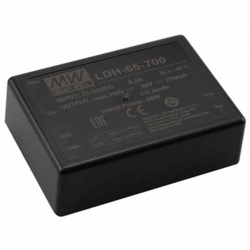 Источник питания DC-DC драйвер светодиодов, 63Вт, вход 9.5…32В DC, выход 1400мА/12.5…60В, регулировка яркости свечения, пластиковый герметичный корпус, DIP (52.4x27.2x24мм), -40…+70С | код LDH-65-1400 | MeanWell Источник питания DC-DC драйвер светодиодов, 63Вт, вход 9.5…32В DC, выход 1400мА/12.5…60В, регулировка яркости свечения, пластиковый герметичный корпус, DIP (52.4x27.2x24мм), -40…+70С | код LDH-65-1400 | MeanWell