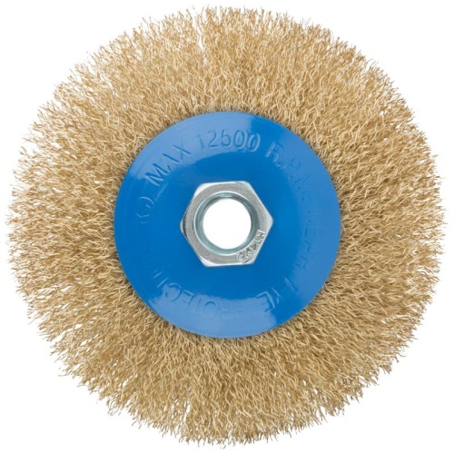 Кордщетка, тип ''колесо'' с наклоном, гайка М14, стальная волнистая латунированная проволока 115 мм | код 38927М | FIT фото 2