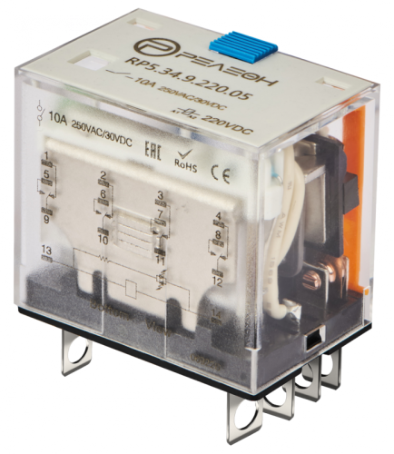 RP5.34.9.012.05 Миниатюрное силовое реле 4 перекидных контакта 10А (= 12В DC) блокируемая кнопка проверки + светодиод | код RP534901205 | РЕЛЕОН