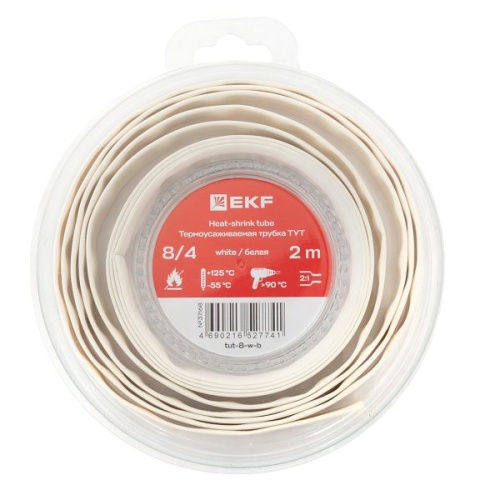 Термоусаживаемая трубка ТУТ нг 8/4 белая ролик 2 м EKF | код tut-8-w-b | EKF фото 2