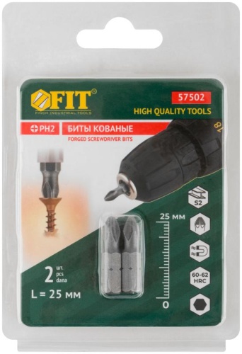 Биты кованые сталь S2 односторонние 25 мм PH2 Профи 2 шт блистер | код 57502 | FIT фото 3
