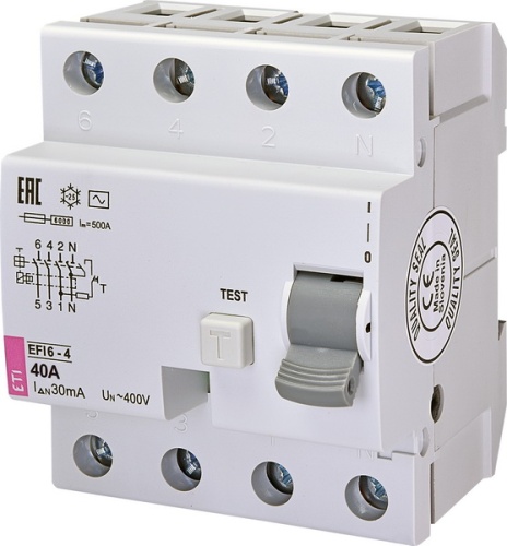 Реле дифференциальное (УЗО) EFI6-4 40/0,03 тип AC (6kA) | код 002062138 | ETI