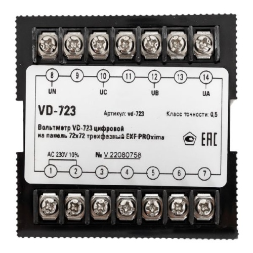 VD-723 Вольтметр цифровой на панель (72х72) трехфазный PROxima | код vd-723 | EKF фото 5