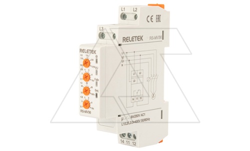 Реле контроля напряжения RS-MV36/400, 3P L-L 400V, 1CO, 8A(250VAC), обрыв, чередование, Umin+Umax, 0.1_10s, 1M | код RS-MV36/400 | RELETEK