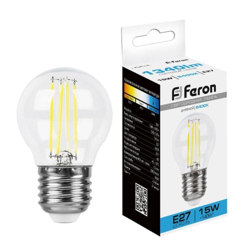 Лампа светодиодная LED 15вт Е27 дневной шар FILAMENT | код 38254 | Feron