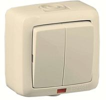 Выключатель двухклавишный наружный с индикацией слоновая кость IP44 10А | код ВА10-252-01 | HEGEL
