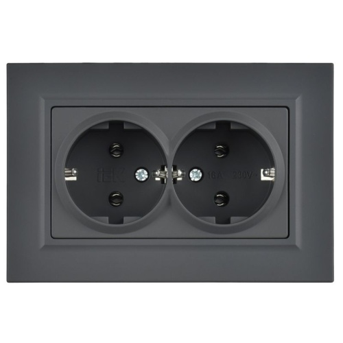 Розетка 2-м СП BRITE РСПл12-3-БрГ 16А в сборе с заземл. без защ. шторок плоская графит IEK BR-R27-16-K53-F фото 2
