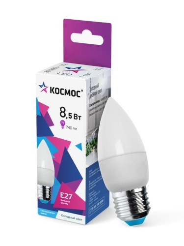 Лампа светодиодная 8.5Вт свеча 6500К холод. бел. E27 220В | код. LkecLED8.5wCNE2765 | КОСМОС Лампа светодиодная 8.5Вт свеча 6500К холод. бел. E27 220В | код. LkecLED8.5wCNE2765 | КОСМОС