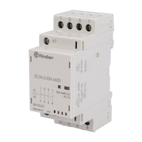 Модульный контактор, 2NO+2NC 25А, контакты AgSnO2, катушка 48В АС/DC, ширина 35мм, степень защиты IP20, опции: мех.индикатор + LED | код 223400484620 | FINDER