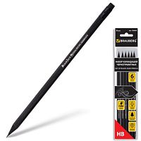 Карандаши чернографитные BRAUBERG НАБОР 6 шт., Black Jack, НВ, с резинкой, черные, дерево, заточенные, 180608 | код 180608 | BRAUBERG