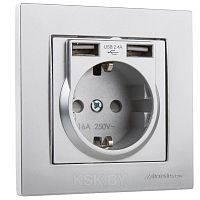 Rita - Розетка 2P+E, с 2xUSB Type A 2,4A (однопостовой монтаж в комплекте с рамкой), нерж. сталь | код 2220-619-0282 | Mutlusan