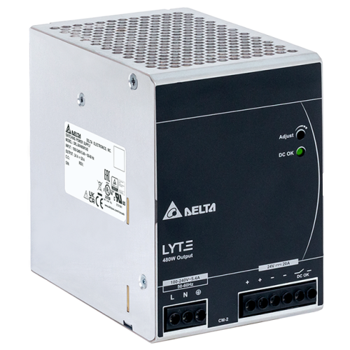 Блок питания импульсный Lyte, 480W, 20А, 85_264VAC (120_375VDC) / 24VDC, DIN35, реле DC OK, винтовые клеммы, стальной корпус | код DRL-24V480W1AS | Delta Electronics