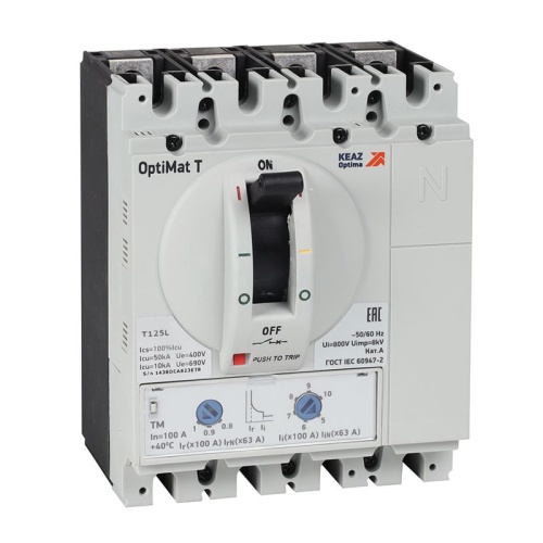 Выключатель автоматический с блоком защиты от токов утечки OptiMat T125H-RCA TM 20A 4P | код 357042 | КЭАЗ