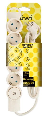 Фильтр сетевой 5х1.5м с/з с выкл 2кВт 10А/2 сл. кость Duwi 32570 3 фото 2